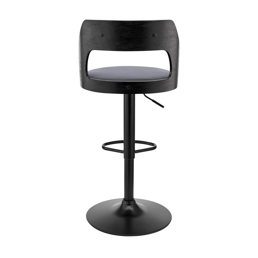 Paulo Adjustable Swivel Grey Faux Leather and Black Wood Bar Stool with Black Base. Picture 5
