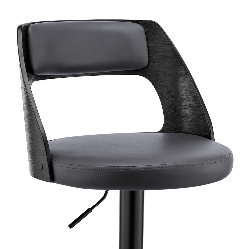 Paulo Adjustable Swivel Grey Faux Leather and Black Wood Bar Stool with Black Base. Picture 6