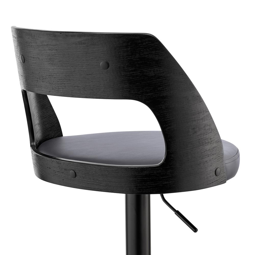 Paulo Adjustable Swivel Grey Faux Leather and Black Wood Bar Stool with Black Base. Picture 7