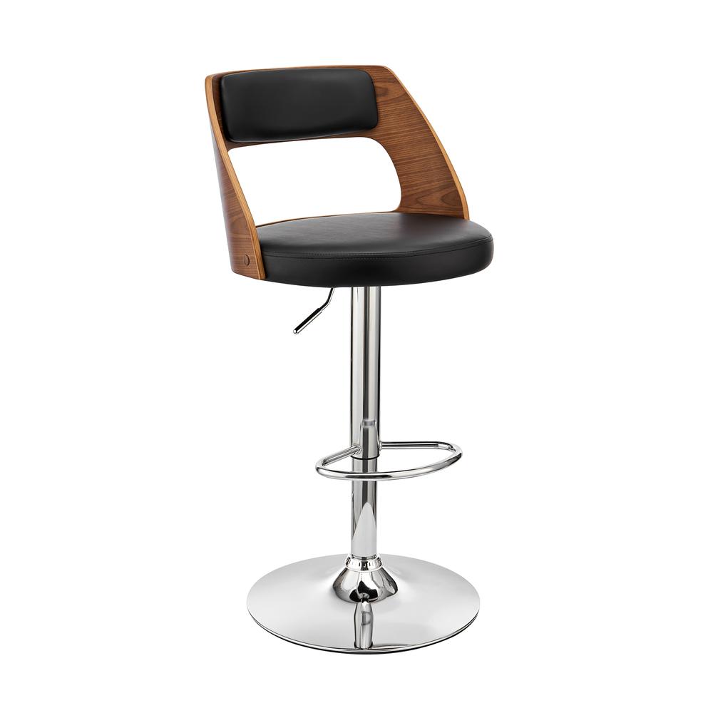 Paulo Adjustable Swivel Black Faux Leather and Walnut Wood Bar Stool with Chrome Base. Picture 1