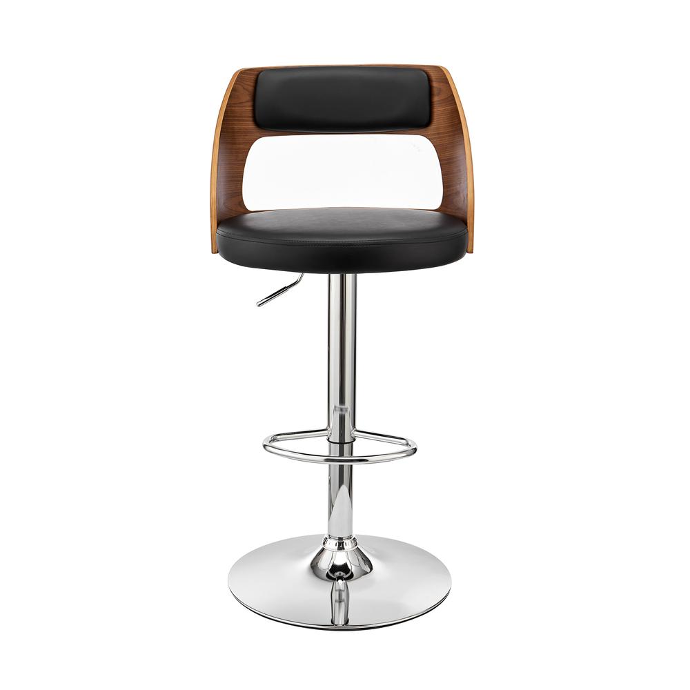 Paulo Adjustable Swivel Black Faux Leather and Walnut Wood Bar Stool with Chrome Base. Picture 2