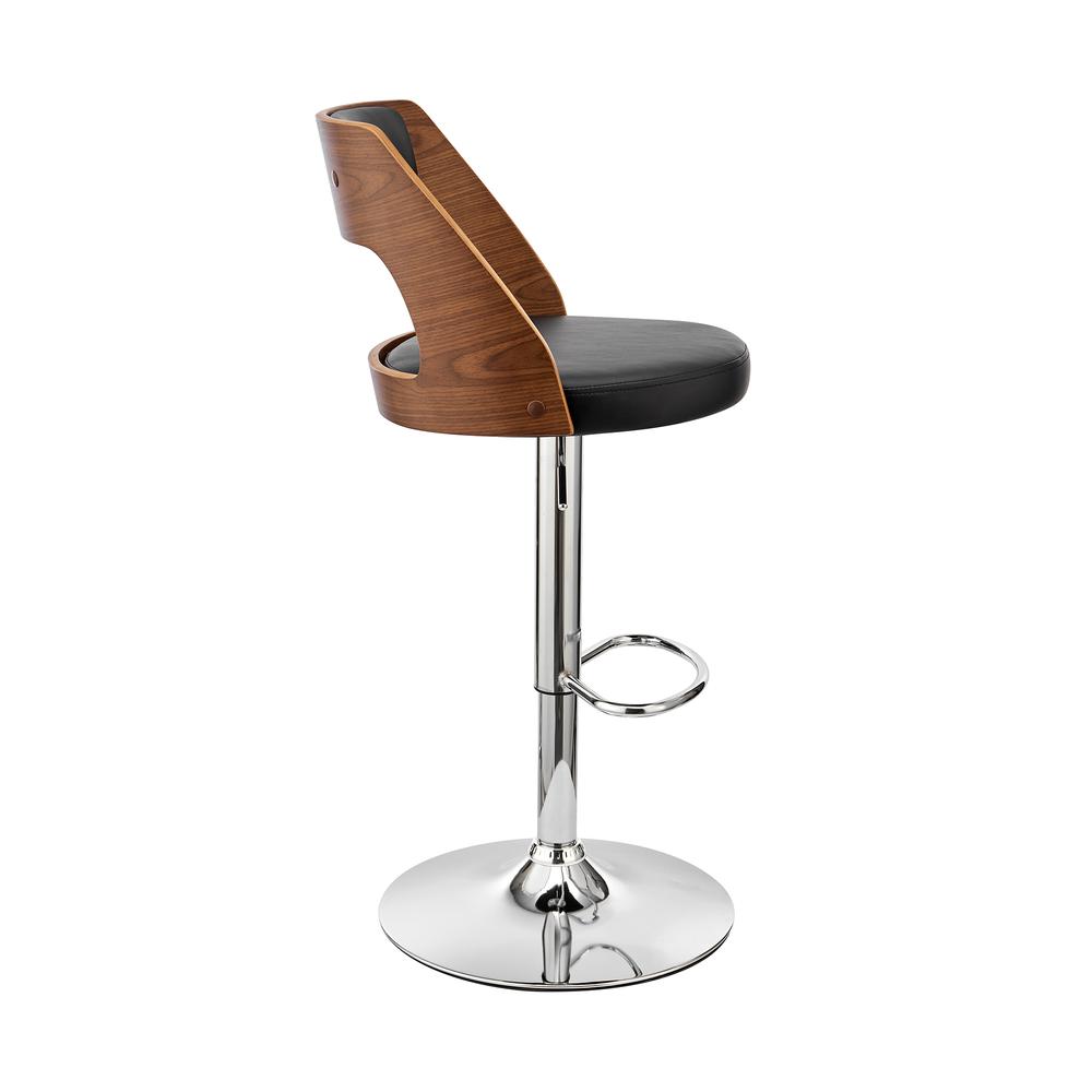 Paulo Adjustable Swivel Black Faux Leather and Walnut Wood Bar Stool with Chrome Base. Picture 3