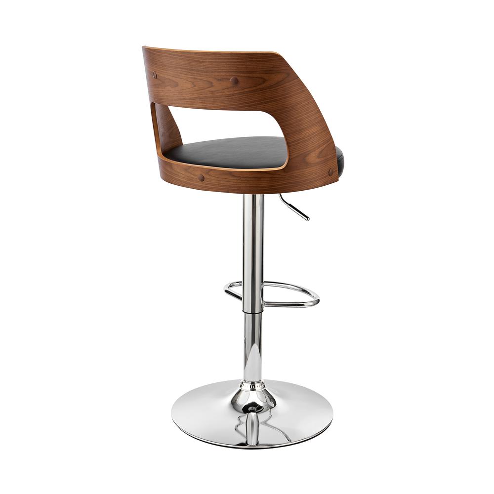 Paulo Adjustable Swivel Black Faux Leather and Walnut Wood Bar Stool with Chrome Base. Picture 4