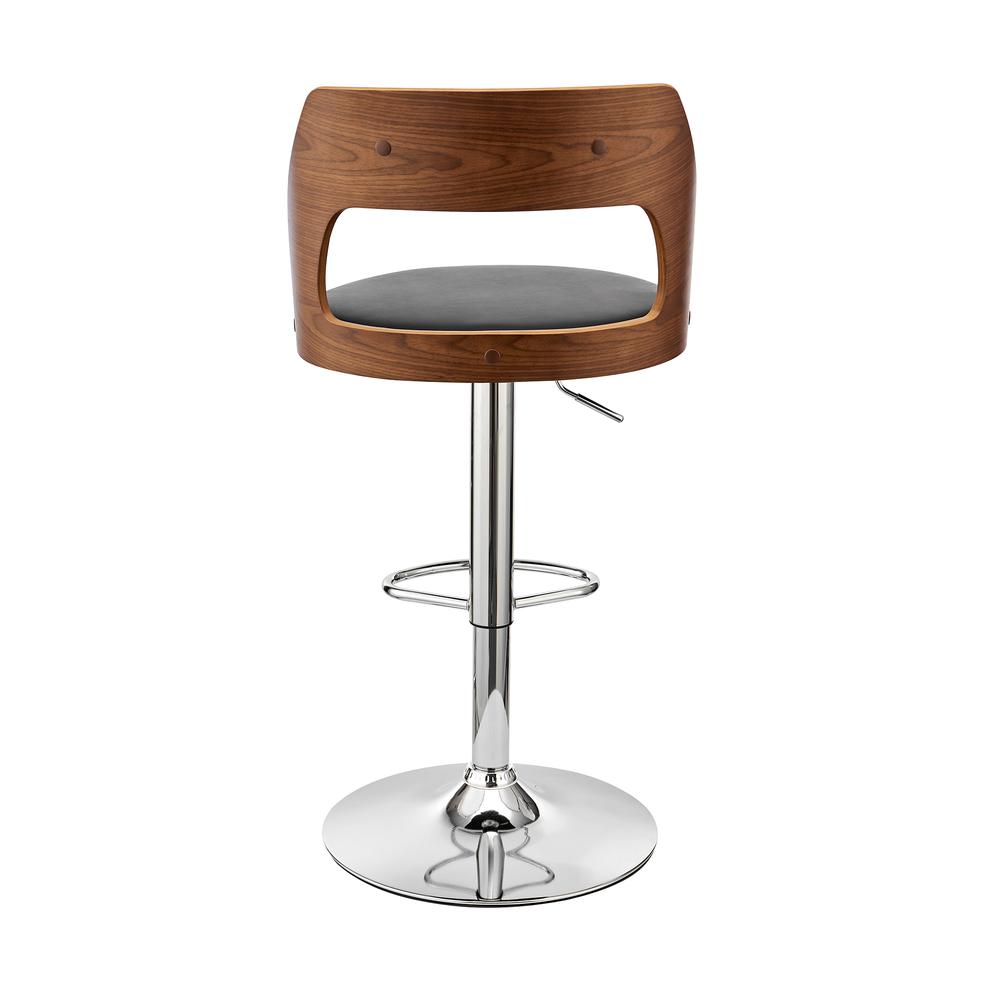 Paulo Adjustable Swivel Black Faux Leather and Walnut Wood Bar Stool with Chrome Base. Picture 5