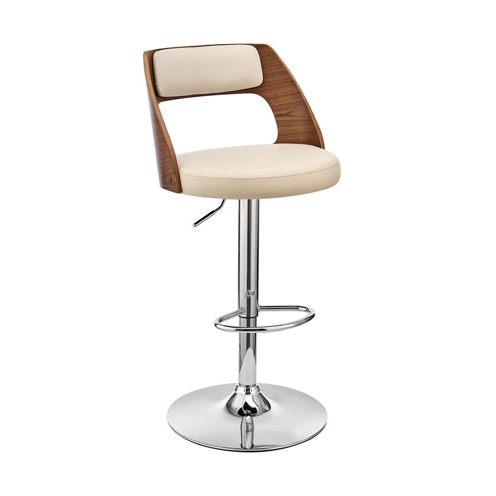 Paulo Adjustable Swivel Cream Faux Leather and Walnut Wood Bar Stool with Chrome Base. Picture 1