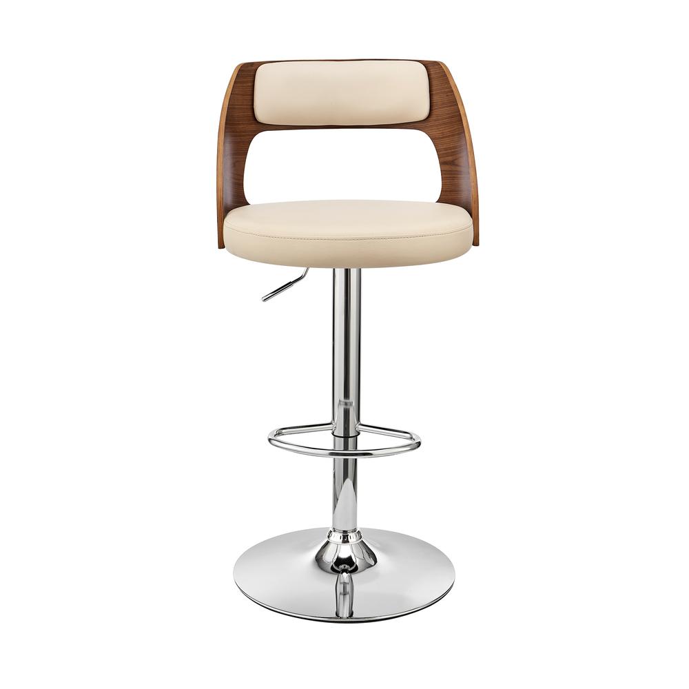 Paulo Adjustable Swivel Cream Faux Leather and Walnut Wood Bar Stool with Chrome Base. Picture 2