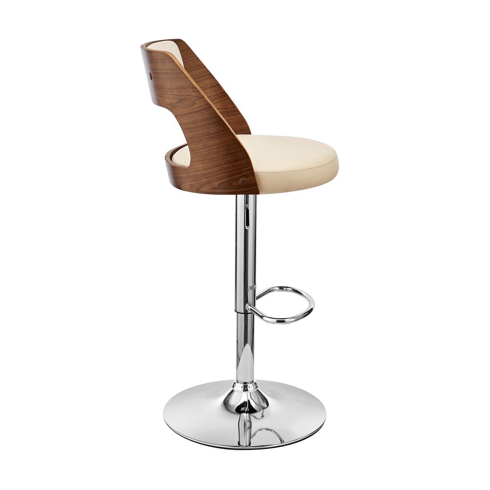 Paulo Adjustable Swivel Cream Faux Leather and Walnut Wood Bar Stool with Chrome Base. Picture 3