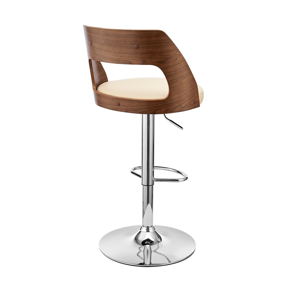 Paulo Adjustable Swivel Cream Faux Leather and Walnut Wood Bar Stool with Chrome Base. Picture 4