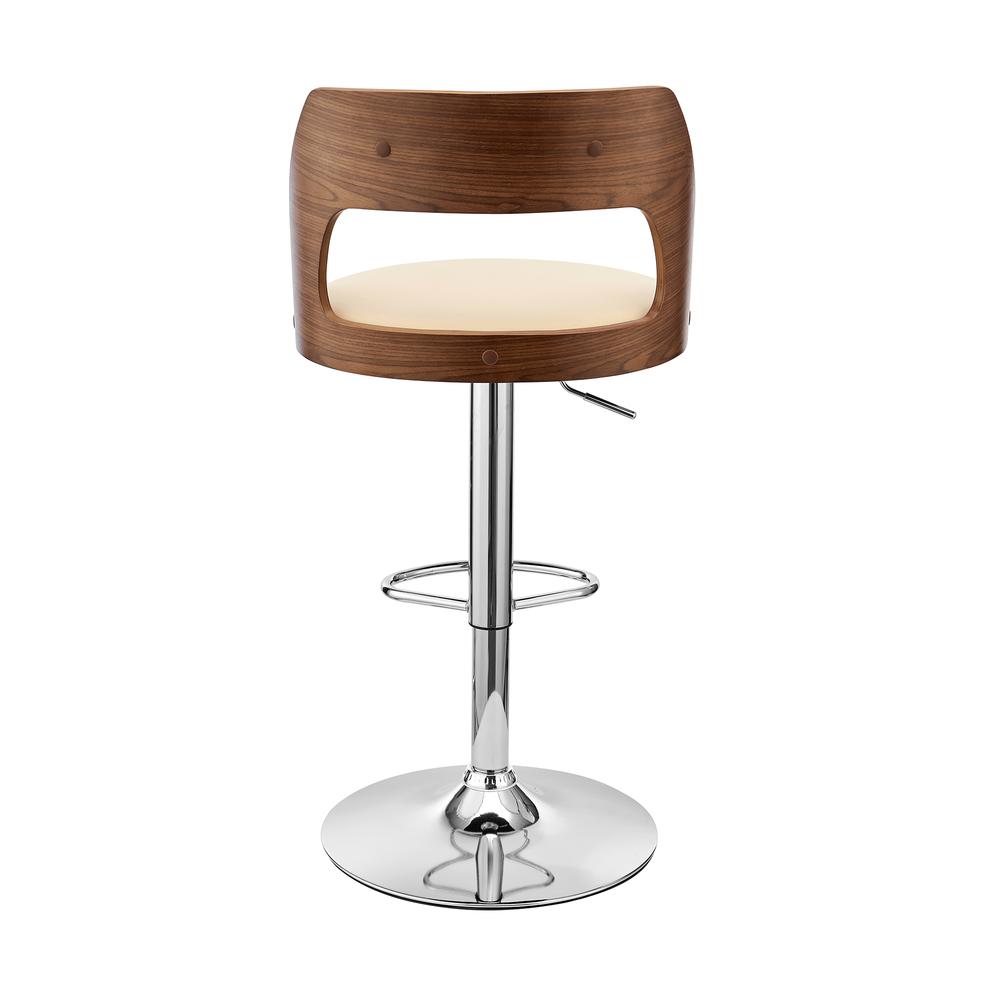 Paulo Adjustable Swivel Cream Faux Leather and Walnut Wood Bar Stool with Chrome Base. Picture 5