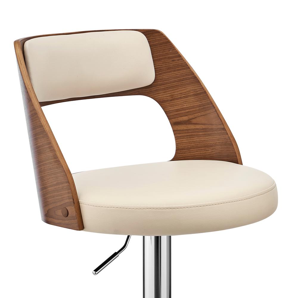 Paulo Adjustable Swivel Cream Faux Leather and Walnut Wood Bar Stool with Chrome Base. Picture 6