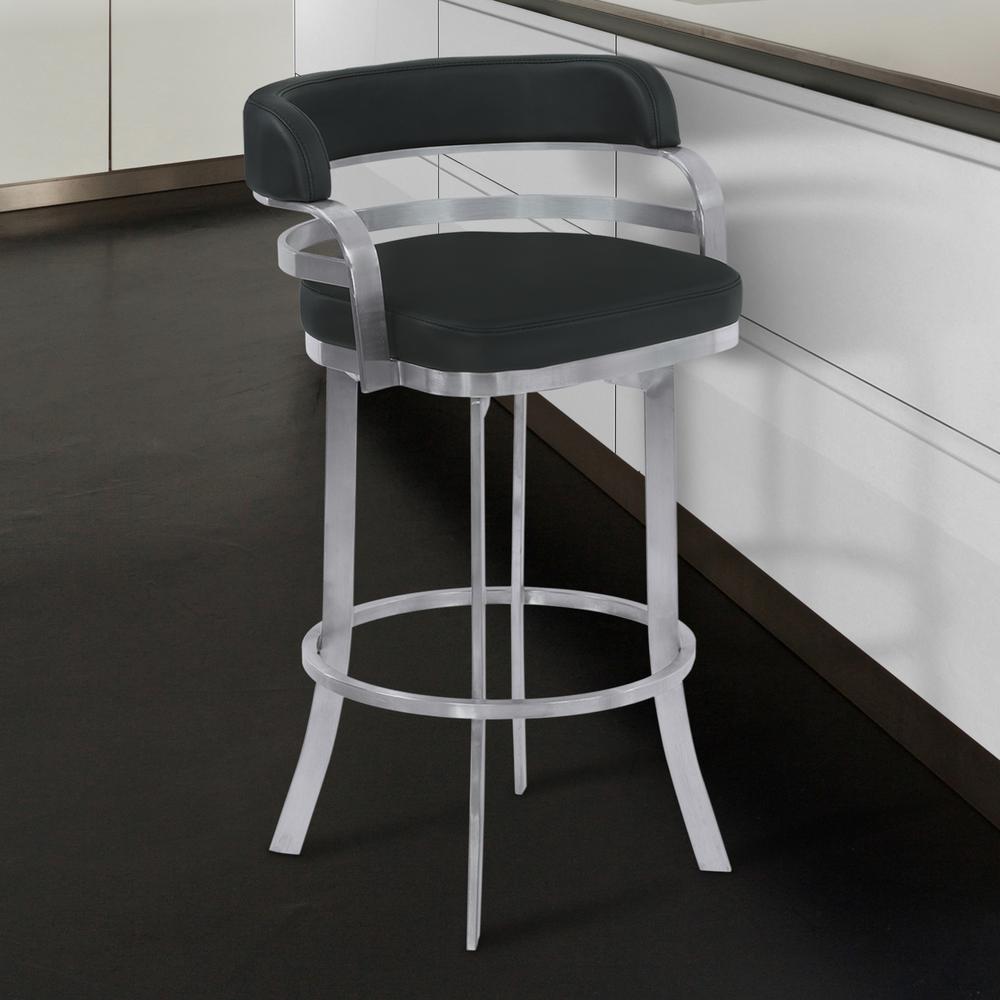 26" Counter Height Metal Swivel Barstool in Black Faux Leather with Brushed Stainless Steel Finish. Picture 6