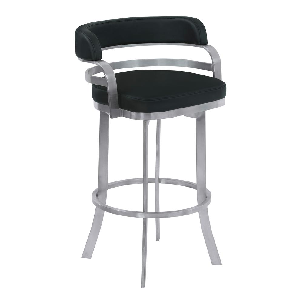 Armen Living Prinz 30" Bar Height Metal Swivel Barstool in Black Faux Leather with Brushed Stainless Steel Finish. Picture 1