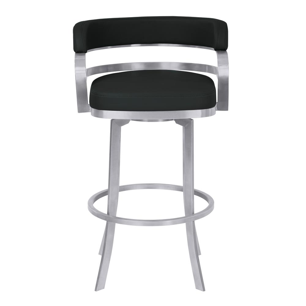 30" Bar Height Metal Swivel Barstool in Black Faux Leather with Brushed Stainless Steel Finish. Picture 2