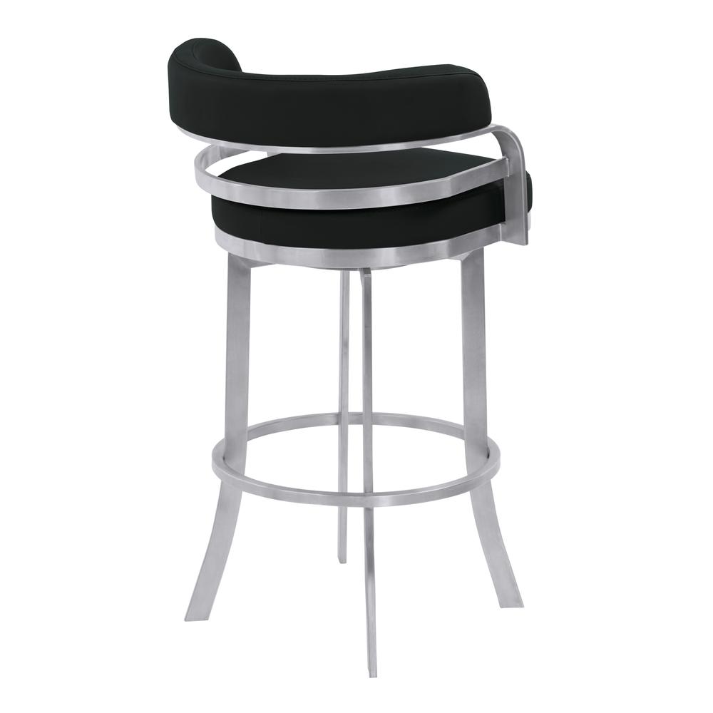 30" Bar Height Metal Swivel Barstool in Black Faux Leather with Brushed Stainless Steel Finish. Picture 3