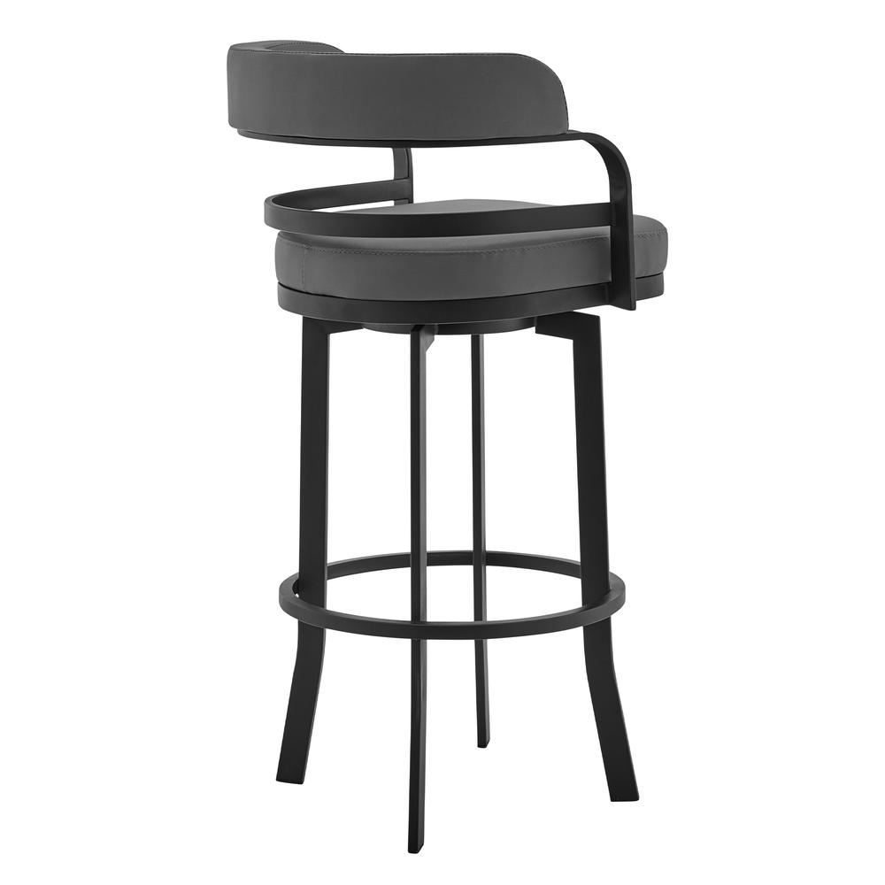 Prinz Swivel Bar and Counter stool in Grey Faux Leather and Matte Black Finish, Black Powder-Coated Frame. Picture 1