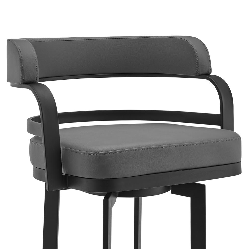 Prinz Swivel Bar and Counter stool in Grey Faux Leather and Matte Black Finish, Black Powder-Coated Frame. Picture 2