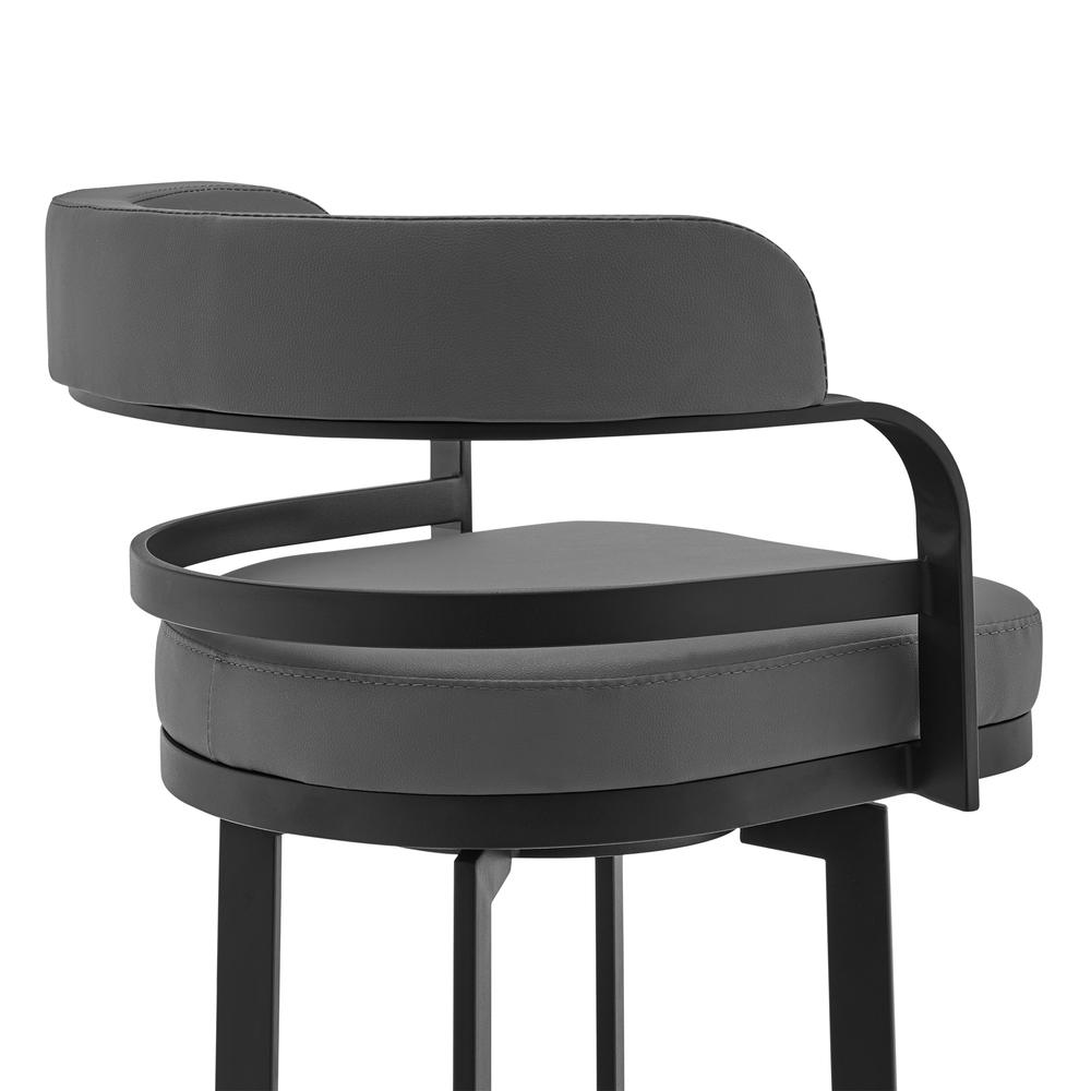 Prinz Swivel Bar and Counter stool in Grey Faux Leather and Matte Black Finish, Black Powder-Coated Frame. Picture 3