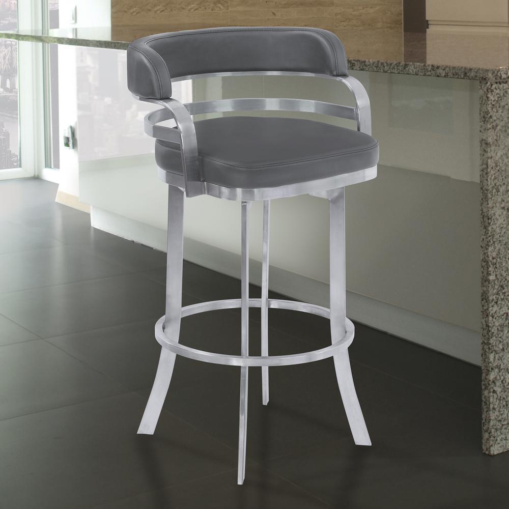 26" Counter Height Metal Swivel Barstool in Gray Faux Leather with Brushed Stainless Steel Finish. Picture 7
