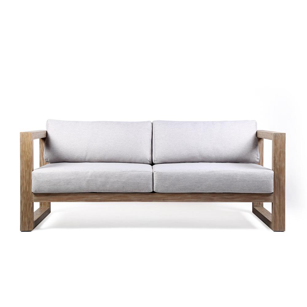Paradise Outdoor Light Eucalyptus Wood Sofa with Grey Cushions. Picture 1