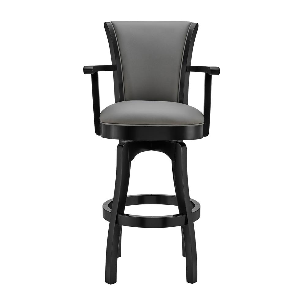 Raleigh Arm 26" Counter Height Swivel Barstool in Black Finish and Gray Faux Leather, Black. Picture 1