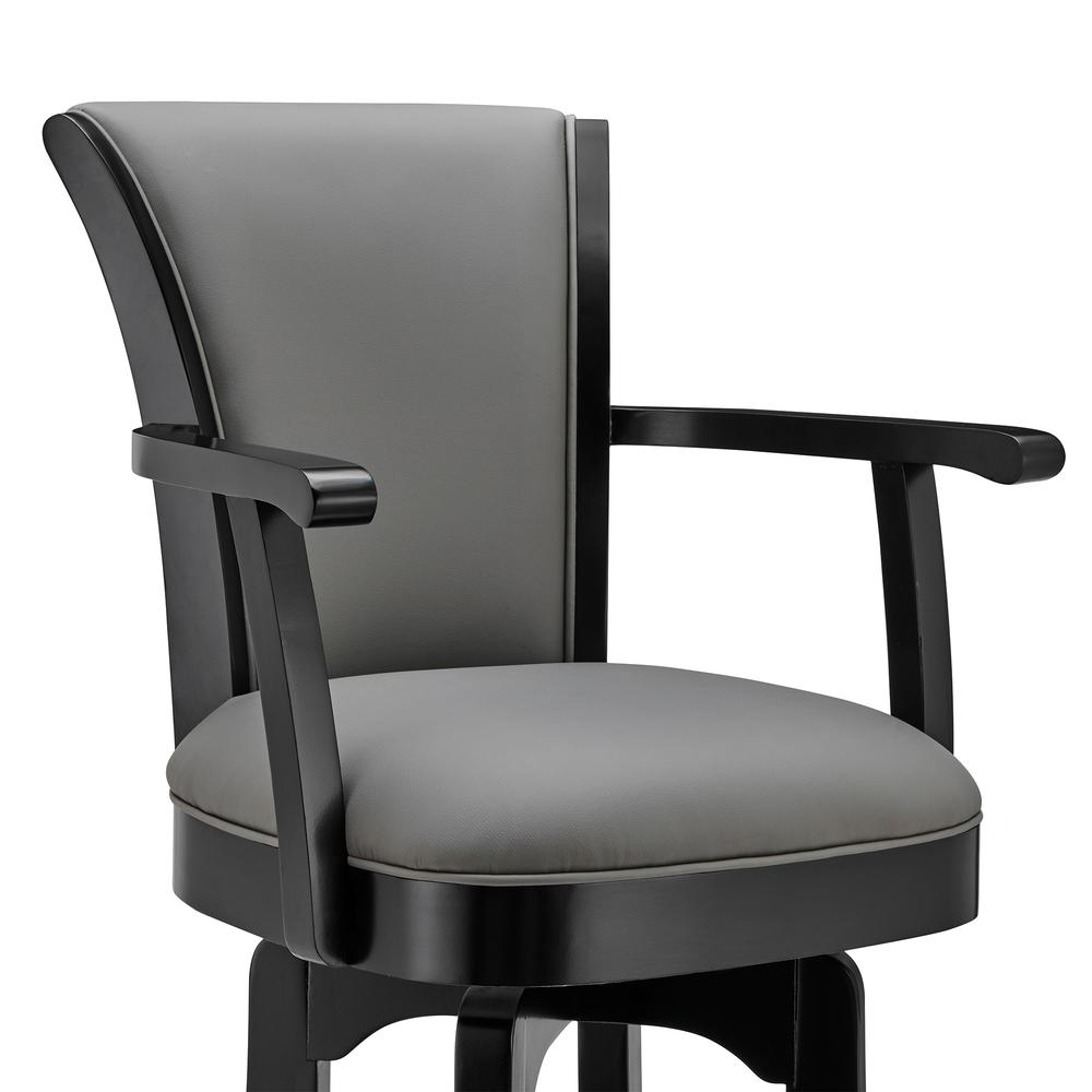 Raleigh Arm 26" Counter Height Swivel Barstool in Black Finish and Gray Faux Leather, Black. Picture 3