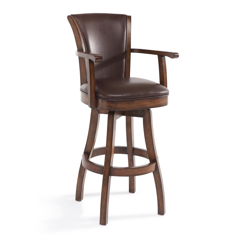Armen Living Raleigh Arm 26" Counter Height Swivel Wood Barstool in Chestnut Finish and Kahlua Faux Leather. Picture 1