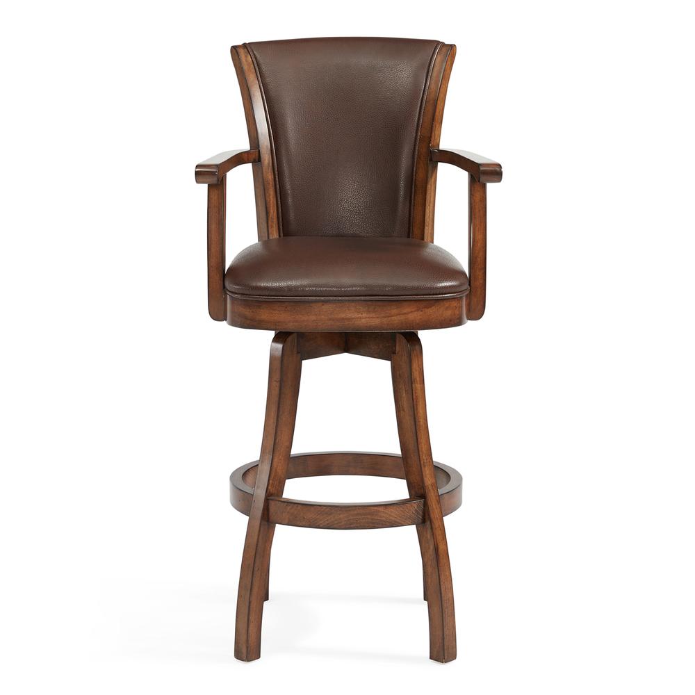 Armen Living Raleigh Arm 26" Counter Height Swivel Wood Barstool in Chestnut Finish and Kahlua Faux Leather. Picture 2