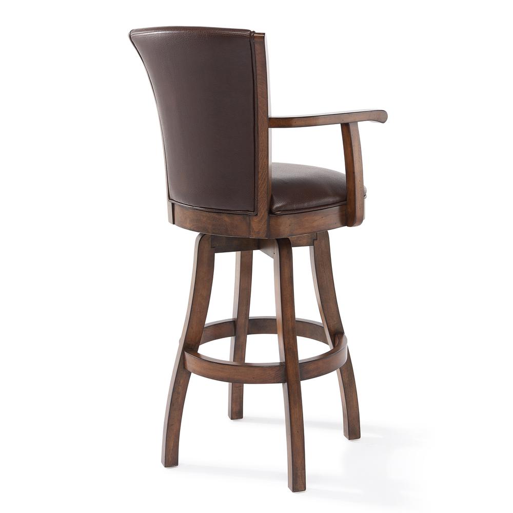 Arm 26" Counter Height Swivel Wood Barstool in Chestnut Finish and Kahlua Faux Leather. Picture 3