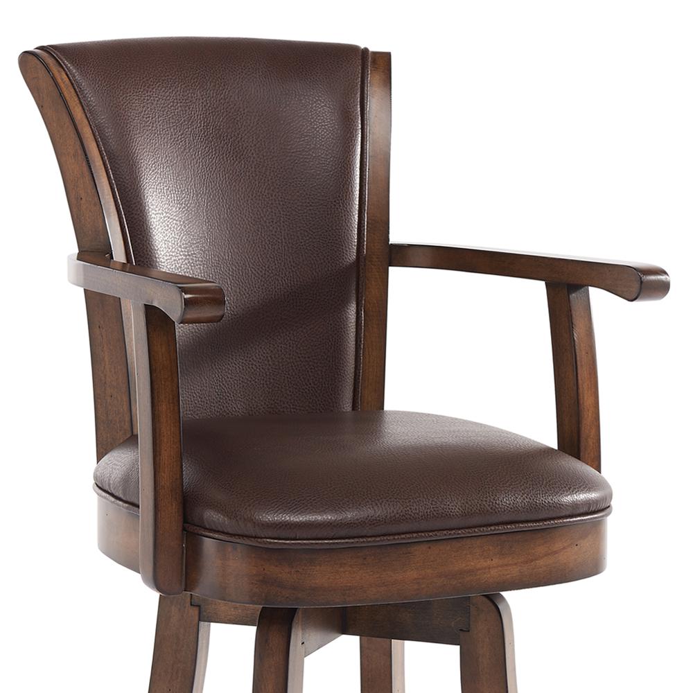 Armen Living Raleigh Arm 26" Counter Height Swivel Wood Barstool in Chestnut Finish and Kahlua Faux Leather. Picture 4