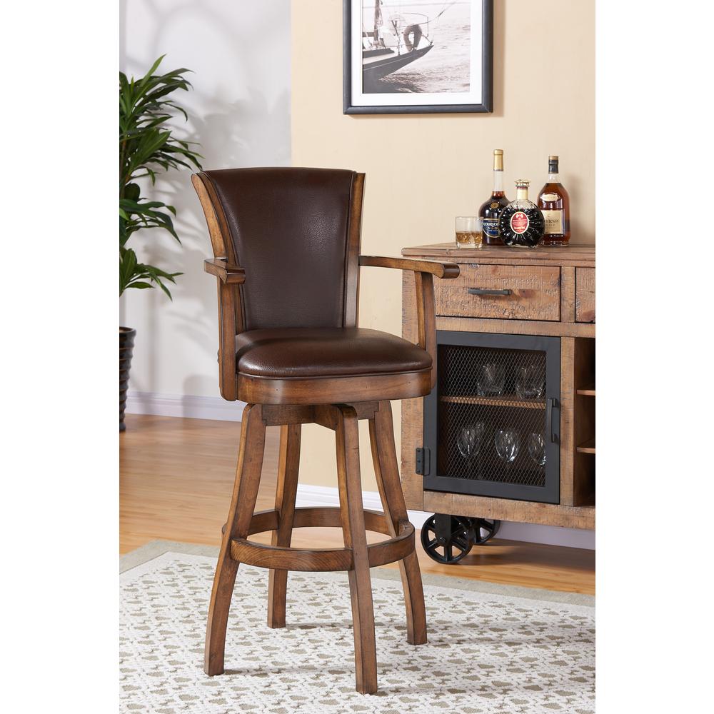 Arm 26" Counter Height Swivel Wood Barstool in Chestnut Finish and Kahlua Faux Leather. Picture 6