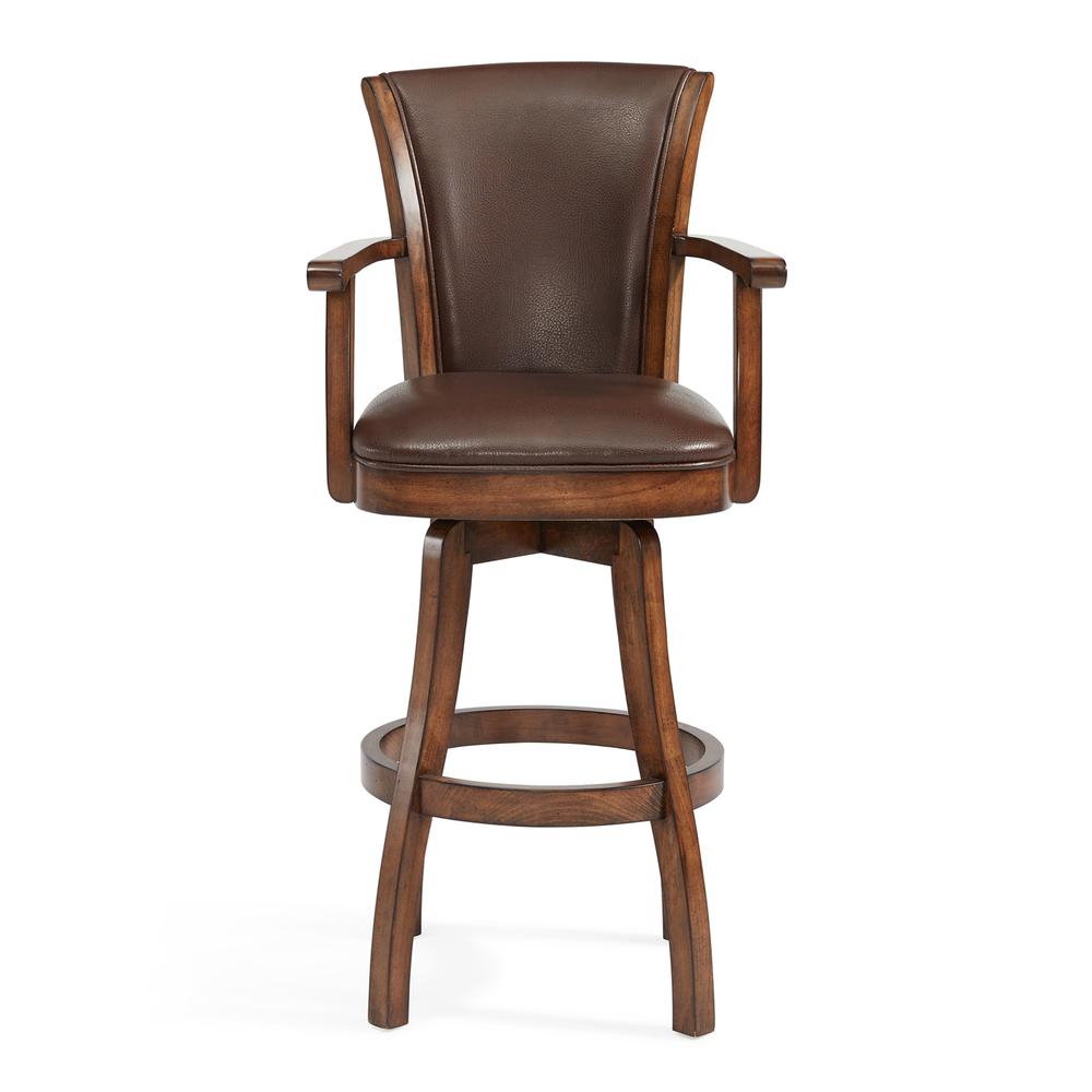 Armen Living Raleigh Arm 30" Bar Height Swivel Wood Barstool in Chestnut Finish and Kahlua Faux Leather. Picture 2