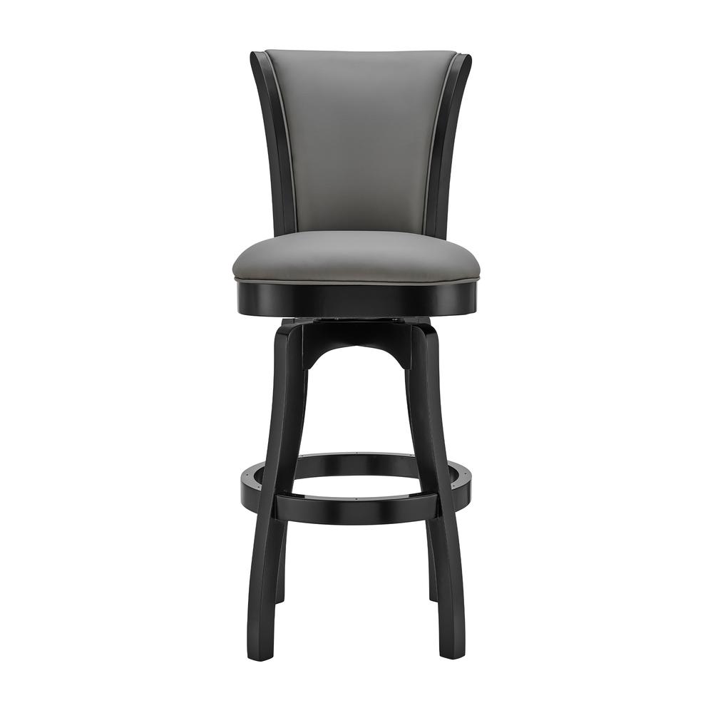 Raleigh 30" Bar Height Swivel Barstool in Black Finish and Gray Faux Leather, Black. Picture 1