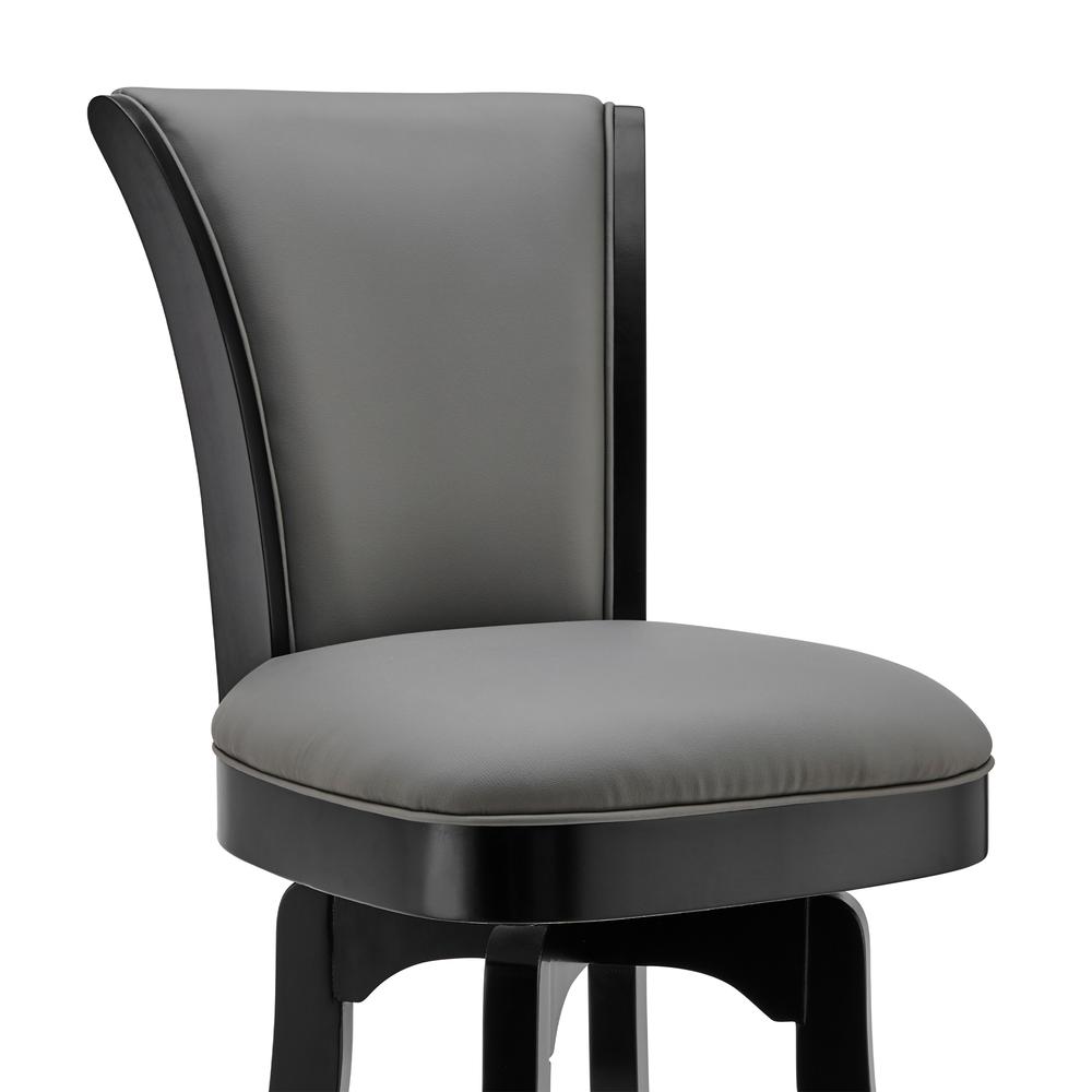 Raleigh 30" Bar Height Swivel Barstool in Black Finish and Gray Faux Leather, Black. Picture 3