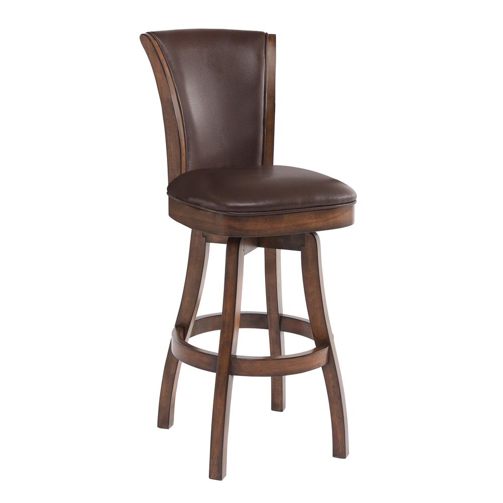 Armen Living Raleigh 26" Counter Height Swivel Wood Barstool in Chestnut Finish and Kahlua Faux Leather. Picture 1