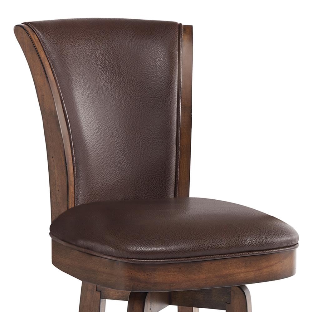 Armen Living Raleigh 26" Counter Height Swivel Wood Barstool in Chestnut Finish and Kahlua Faux Leather. Picture 4