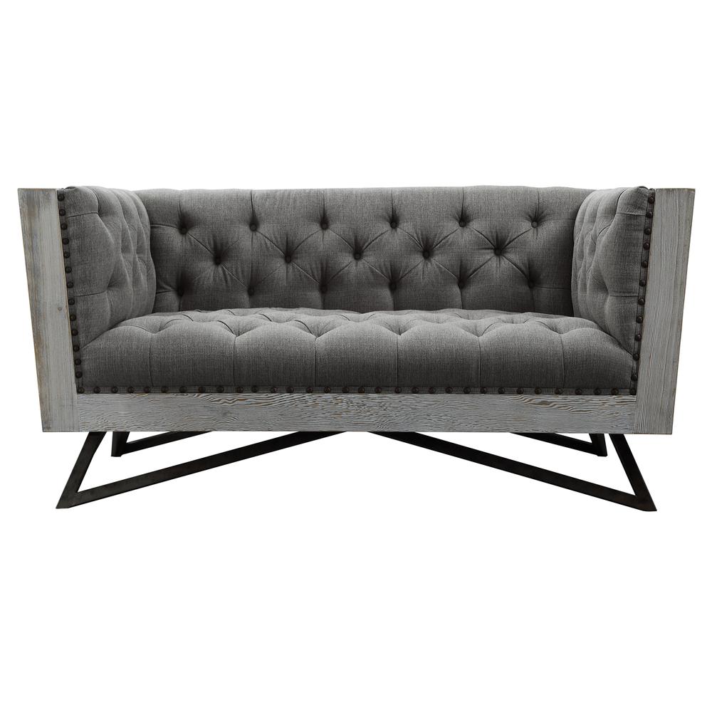 Contemporary Loveseat in Grey Fabric with Black Metal Finish Legs and Antique Brown Nailhead Accents. The main picture.