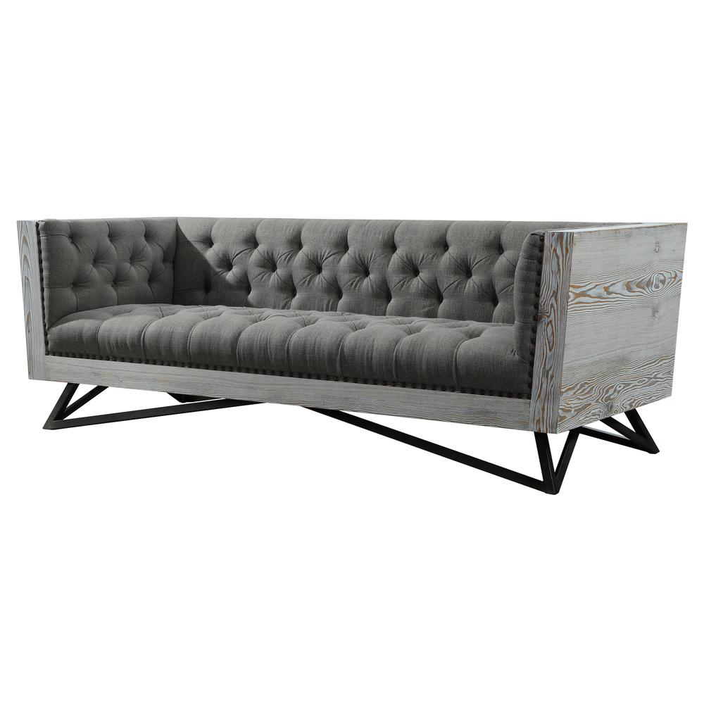 Armen Living Regis Contemporary Sofa in Grey Fabric with Black Metal Finish Legs and Antique Brown Nailhead Accents. Picture 1
