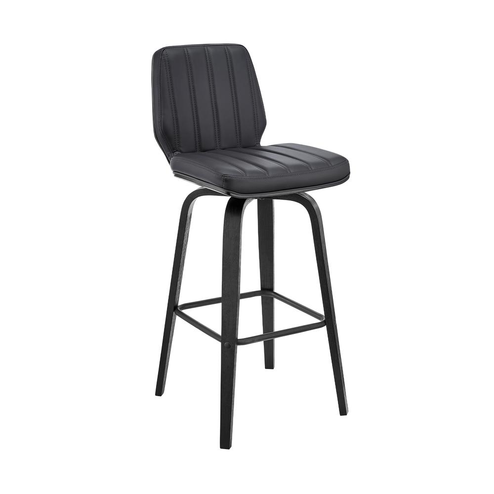 Renee 26" Swivel Grey Faux Leather and Black Wood Bar Stool. Picture 1