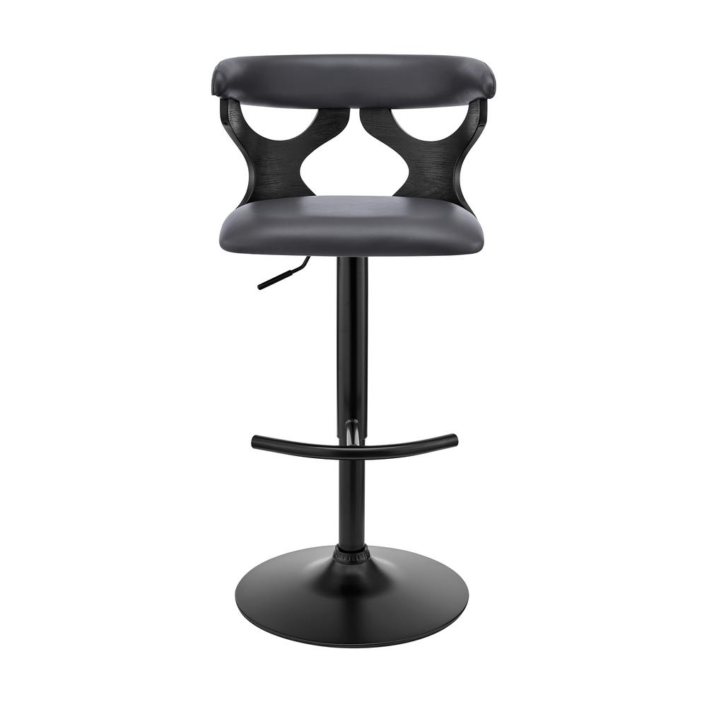 Ruth Adjustable Swivel Grey Faux Leather and Black Wood Bar Stool with Black Base. Picture 2
