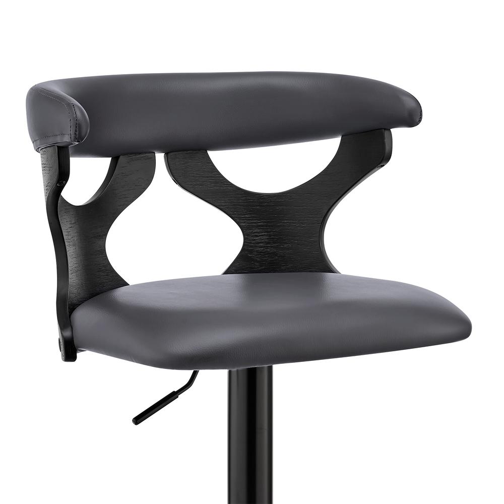 Ruth Adjustable Swivel Grey Faux Leather and Black Wood Bar Stool with Black Base. Picture 6