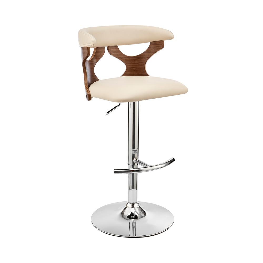 Ruth Adjustable Swivel Cream Faux Leather and Walnut Wood Bar Stool with Chrome Base. The main picture.