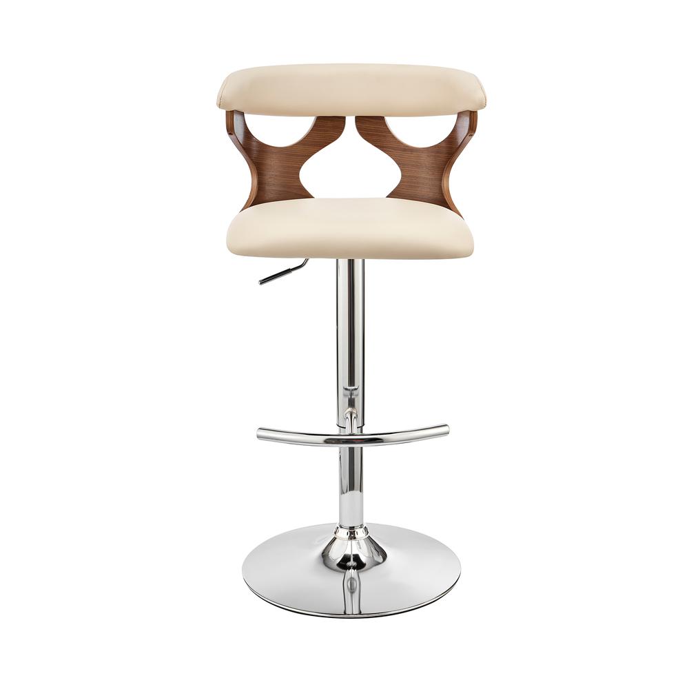 Ruth Adjustable Swivel Cream Faux Leather and Walnut Wood Bar Stool with Chrome Base. Picture 2
