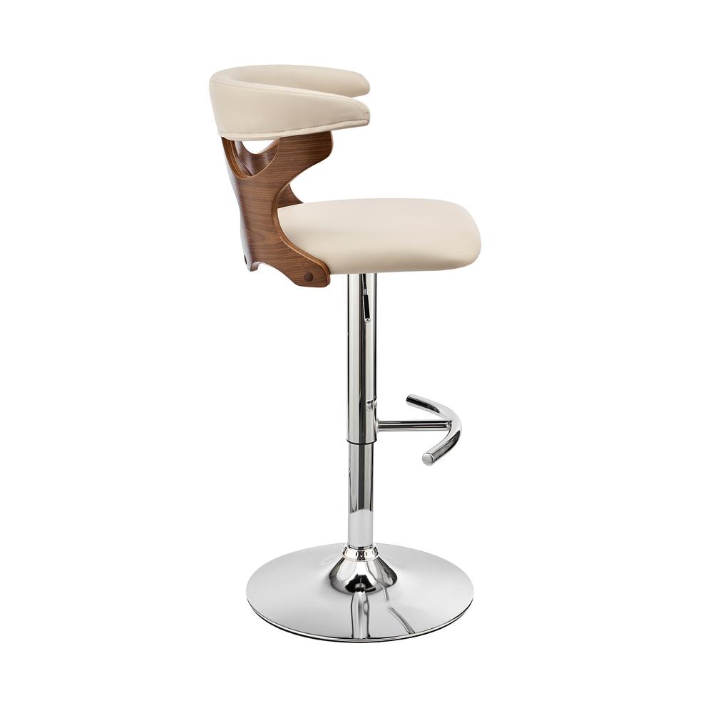 Ruth Adjustable Swivel Cream Faux Leather and Walnut Wood Bar Stool with Chrome Base. Picture 3