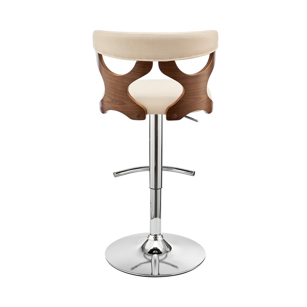 Ruth Adjustable Swivel Cream Faux Leather and Walnut Wood Bar Stool with Chrome Base. Picture 5