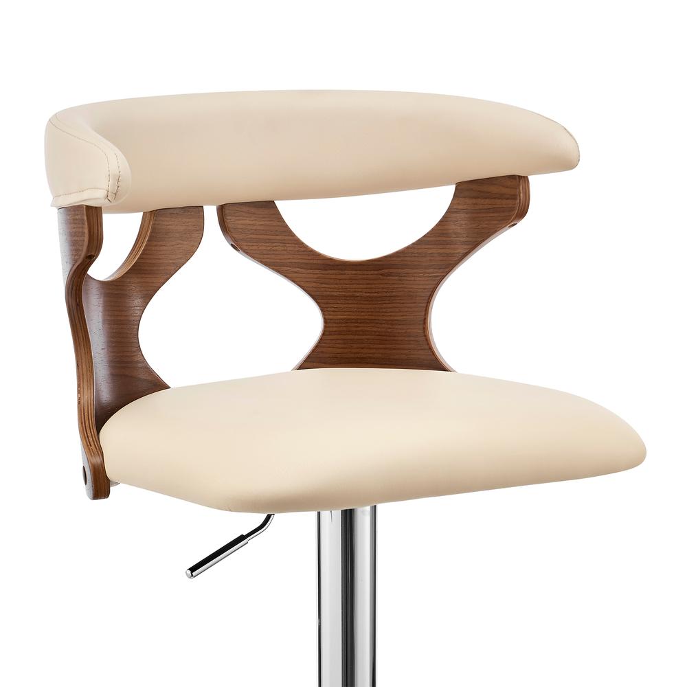 Ruth Adjustable Swivel Cream Faux Leather and Walnut Wood Bar Stool with Chrome Base. Picture 6