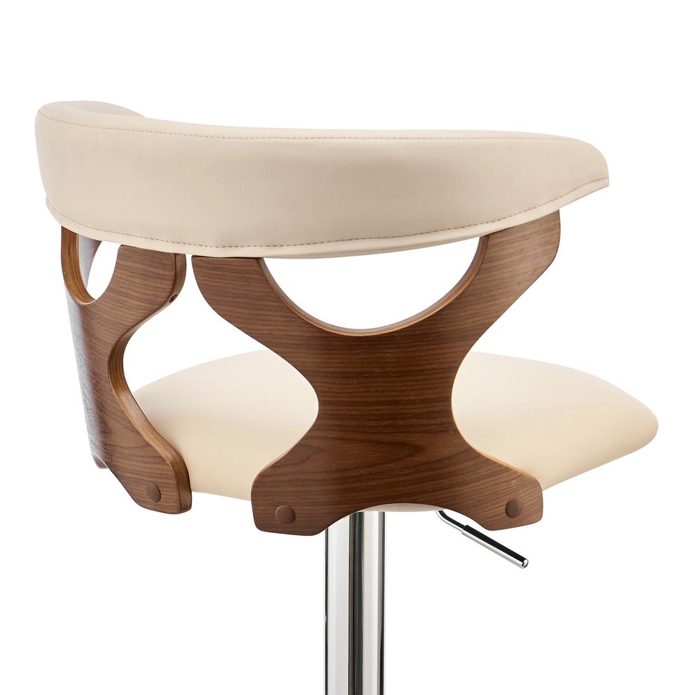 Ruth Adjustable Swivel Cream Faux Leather and Walnut Wood Bar Stool with Chrome Base. Picture 7