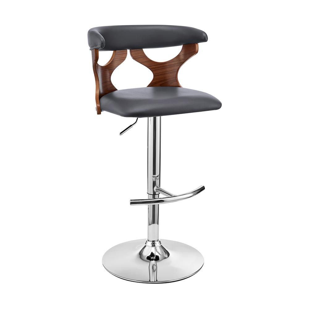 Ruth Adjustable Swivel Grey Faux Leather and Walnut Wood Bar Stool with Chrome Base. The main picture.