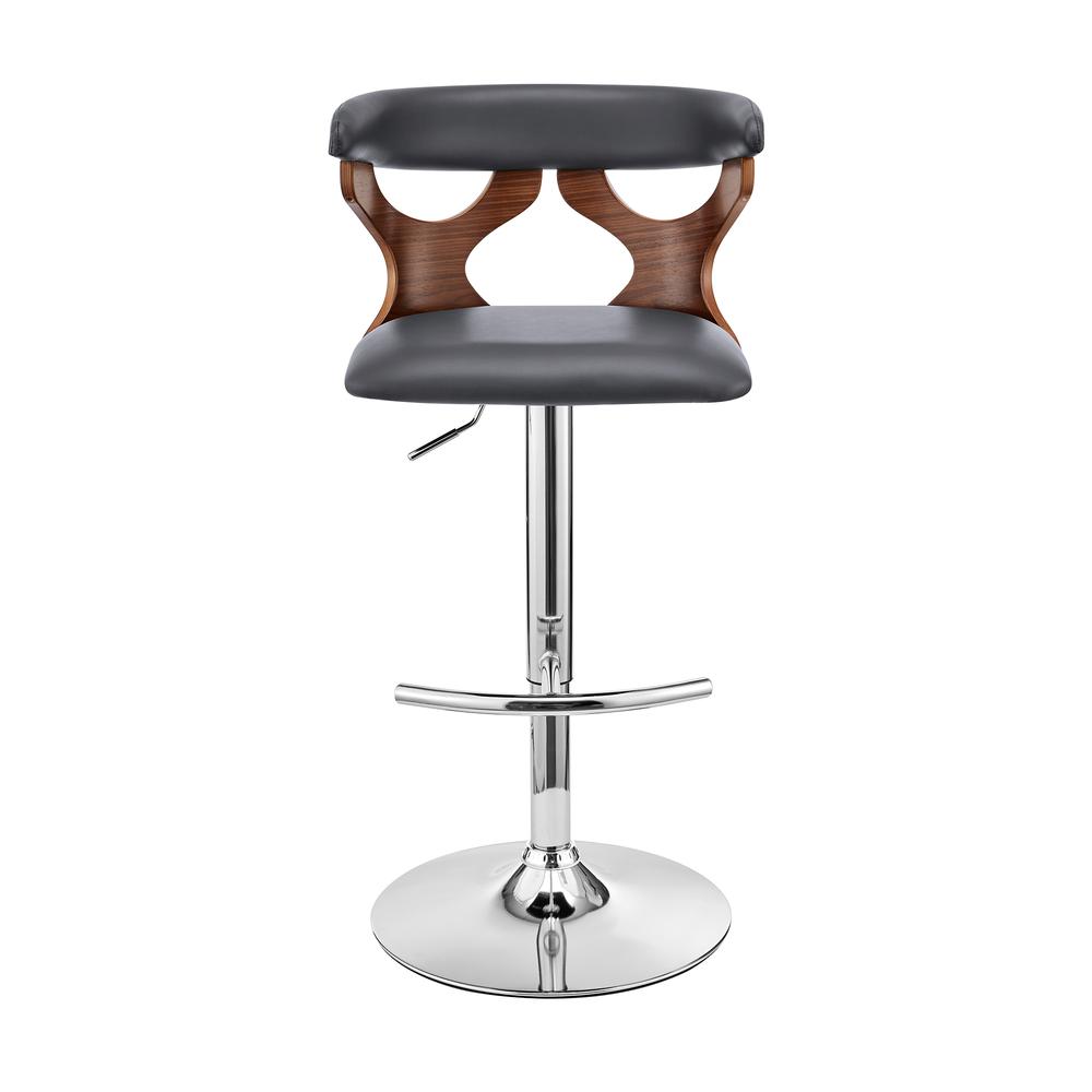Ruth Adjustable Swivel Grey Faux Leather and Walnut Wood Bar Stool with Chrome Base. Picture 2