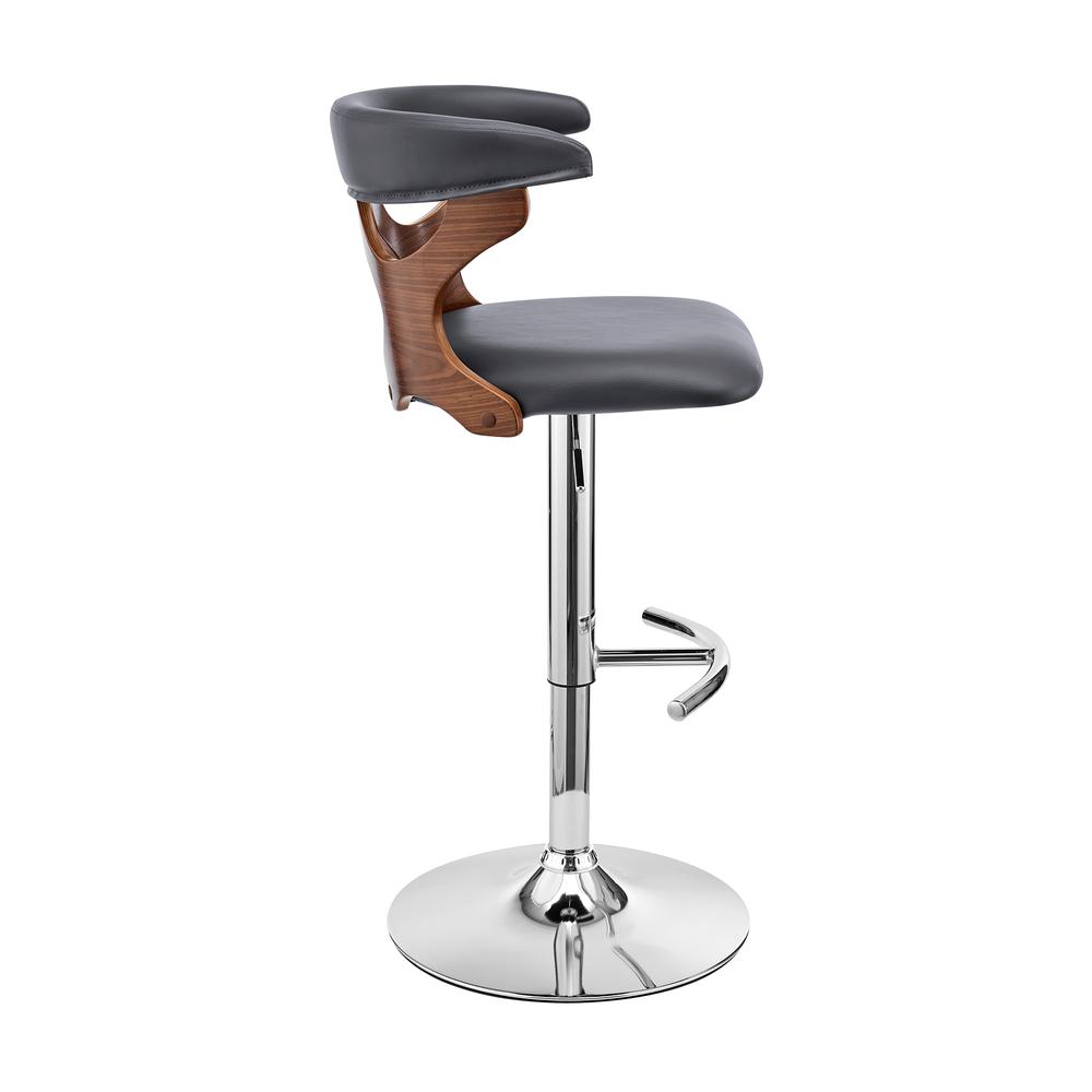 Ruth Adjustable Swivel Grey Faux Leather and Walnut Wood Bar Stool with Chrome Base. Picture 3