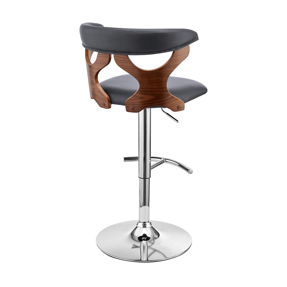 Ruth Adjustable Swivel Grey Faux Leather and Walnut Wood Bar Stool with Chrome Base. Picture 4